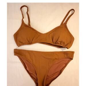Aerie Brown Crinkle Ribbed Bikini Set - Scoop Top & Full Bottoms Size Medium